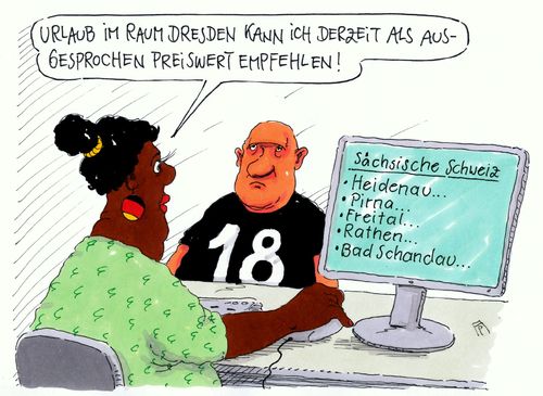 Cartoon: raum dresden (medium) by Andreas Prüstel tagged flüchtlinge,asyl,flüchtlingsunterkünfte,sachsen,raum,dresden,heidenau,freital,sächsische,schweiz,neonazis,rechtsradikale,ausländerhass,urlaub,reisebüro,cartoon,karikatur,andreas,pruestel,flüchtlinge,asyl,flüchtlingsunterkünfte,sachsen,raum,dresden,heidenau,freital,sächsische,schweiz,neonazis,rechtsradikale,ausländerhass,urlaub,reisebüro,cartoon,karikatur,andreas,pruestel