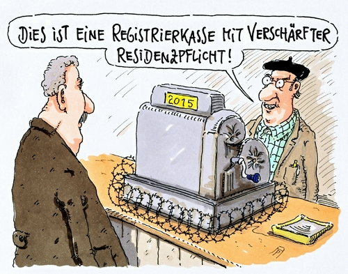 Cartoon: residenzpflicht (medium) by Andreas Prüstel tagged registrierkasse,asylpolitik,residenzplicht,verschärfte,registrierungszentren,flüchtlingszustrom,flüchtlinge,asyl,pruestel,andreas,karikatur,cartoon,asyl,flüchtlinge,flüchtlingszustrom,registrierungszentren,verschärfte,residenzplicht,asylpolitik,registrierkasse,cartoon,karikatur,andreas,pruestel