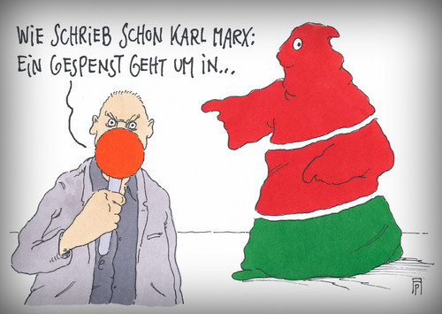 Cartoon: rotrotgrün (medium) by Andreas Prüstel tagged spd,linke,die,koalitionsbildung,lantagswahl,thüringen,kommunistisches,marx,karl,gespenst,grüne,manifest,cartoon,karikatur,andreas,pruestel,thüringen,lantagswahl,koalitionsbildung,die,linke,spd,grüne,gespenst,karl,marx,kommunistisches,manifest,cartoon,karikatur,andreas,pruestel