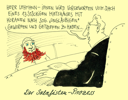 Cartoon: salafisten-prozess (medium) by Andreas Prüstel tagged salafisten,gewalt,prozess,koran,gericht,salafisten,gewalt,prozess,koran,gericht