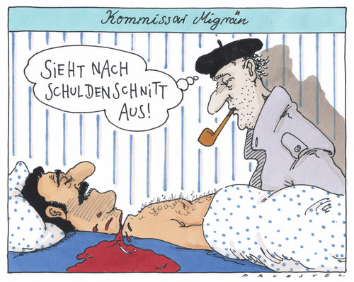 Cartoon: schuldenschnitt (medium) by Andreas Prüstel tagged griechenland,staatsverschuldung,schuldenschnitt,finanzkrise,eurokrise,mord,verbrechen,kriminalkommissar,griechenland,staatsverschuldung,schuldenschnitt,finanzkrise,eurokrise,mord,verbrechen