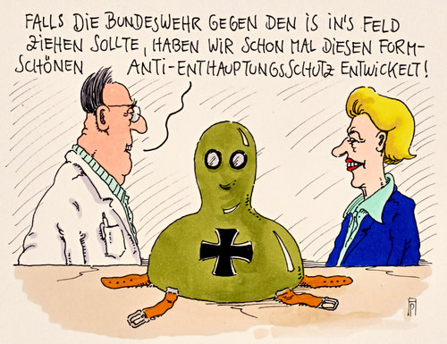 Cartoon: schutz (medium) by Andreas Prüstel tagged krieg,syrien,irak,militäreinsätze,is,bodentruppen,bundeswehr,enthauptungen,ursula,von,der,leyen,cartoon,karikatur,andreas,pruestel,krieg,syrien,irak,militäreinsätze,is,bodentruppen,bundeswehr,enthauptungen,ursula,von,der,leyen,cartoon,karikatur,andreas,pruestel