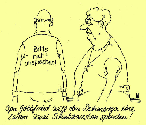 Cartoon: schutzwesten (medium) by Andreas Prüstel tagged irak,kurden,peshmerga,hilfslieferungen,deutschland,schutzwesten,waffenlieferungen,opa,gottfried,cartoon,karikatur,irak,kurden,peshmerga,hilfslieferungen,deutschland,schutzwesten,waffenlieferungen,opa,gottfried,cartoon,karikatur