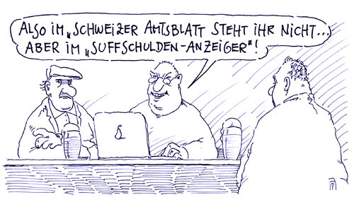 Cartoon: schweizer amtsblatt (medium) by Andreas Prüstel tagged schweiz,steuersünder,steuerhinterziehung,amtsblatt,veröffentlichung,kneipe,suff,suffschulden,wirt,cartoon,karikatur,andreas,pruestel,schweiz,steuersünder,steuerhinterziehung,amtsblatt,veröffentlichung,kneipe,suff,suffschulden,wirt,cartoon,karikatur,andreas,pruestel