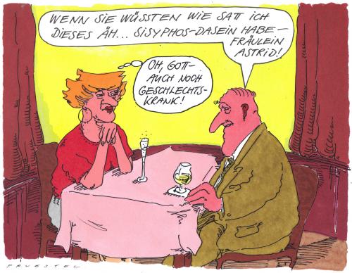 Cartoon: schweres dasein (medium) by Andreas Prüstel tagged missverständniss,sisyphos,restaurant,sisyphos,date,rendezvous,treffen,verabredung,restaurant,partnersuche,partner,syphilis,geschlechtskrankheit,infektionskrankheit,krankheit,missverständnis,wissen,bildung,mann,frau