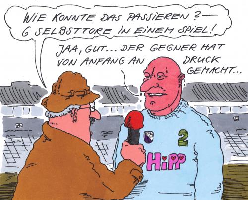 Cartoon: selbsttore (medium) by Andreas Prüstel tagged fußball,spielerinterview,niederlage,fußball,fussbal,fußballspieler,interview,reporter,presse,medien,niederlage,eigentor,tor,verlierer,gegner,mannschaft,verlieren,druck,sport