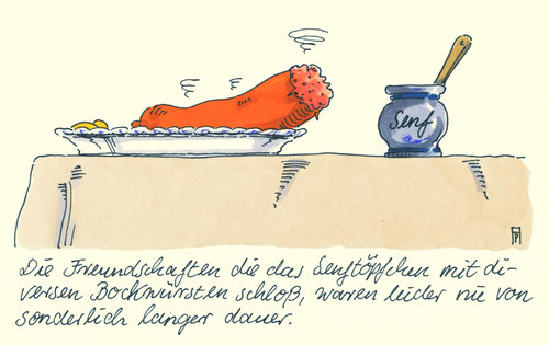 Cartoon: senftöpfchen (medium) by Andreas Prüstel tagged freundschaft,senf,senftöpfchen,bockwurst,lebensmittel,ernährung,freundschaft,senf,senftöpfchen,bockwurst,lebensmittel,ernährung