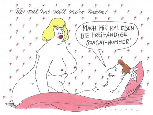 Cartoon: spagat-nummer (medium) by Andreas Prüstel tagged gymnastik,sex,geschlechtsverkehr,heterosexuell,neigung,perversion,ritual,sexualität,trieb,erotisch,erregt,erregung,geil,geilheit,gelüst,gier,heißblütig,leidenschaft,liebe,lust,sinnlich,sinnliche liebe,sinnlichkeit,triebe,triebhaft,wollust,zärtlichkeit,spagat,nummer,nummer schieben,habsucht,sinnliche,schieben