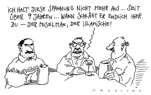 Cartoon: spannung (medium) by Andreas Prüstel tagged terrorgefahr,terrorhysterie,muslim,islam,kneipe,terrorgefahr,islam,kneipe,muslim,terrorismus,terroristen,angst,panik