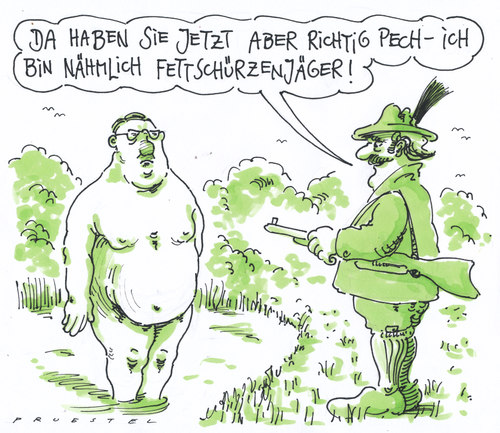 Cartoon: spezialjagd (medium) by Andreas Prüstel tagged fettleibigkeit,wald,jäger,schürzenjäger,fettschürze,fettschürze,schürzenjäger,jäger,wald,fettleibigkeit,übergewicht,gesundheit,dick
