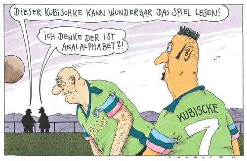 Cartoon: spielführer (medium) by Andreas Prüstel tagged fußball,spielführer,führungsspieler,spieldurchdringung,analphabet