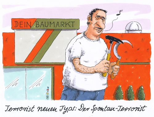 Cartoon: spontan (medium) by Andreas Prüstel tagged terror,terrorist,islamist,spontanterror,baumarlt,hammer,sichel,cartoon,karikatur,andreas,pruestel,terror,terrorist,islamist,spontanterror,baumarlt,hammer,sichel,cartoon,karikatur,andreas,pruestel