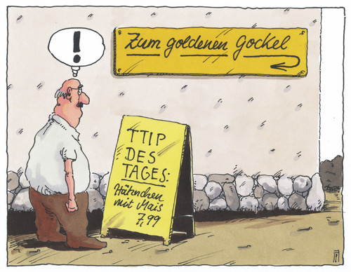 Cartoon: tages TTIP (medium) by Andreas Prüstel tagged freihandelsabjommen,usa,europa,eu,verbraucherstandards,verbraucherschutz,chlorhähnchen,mais,genmais,genmanipulation,landwirtschaft,gockel,cartoon,karikatur,andreas,pruestel,freihandelsabjommen,usa,europa,eu,verbraucherstandards,verbraucherschutz,chlorhähnchen,mais,genmais,genmanipulation,landwirtschaft,gockel,cartoon,karikatur,andreas,pruestel