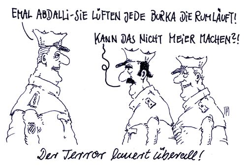 Cartoon: terrorgefahr (medium) by Andreas Prüstel tagged burka,burkaverbot,polizei,islam,islamismus,muslima,terror,terrorgefahr,cartoon,karikatur,andreas,pruestel,burka,burkaverbot,polizei,islam,islamismus,muslima,terror,terrorgefahr,cartoon,karikatur,andreas,pruestel