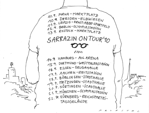 Cartoon: thilo tour (medium) by Andreas Prüstel tagged sarrazi,buch,lesung,massenveranstaltung,tour,thilo sarrazin,lesung,massenveranstaltung,tour,buch,rassimus,spd,thilo,sarrazin
