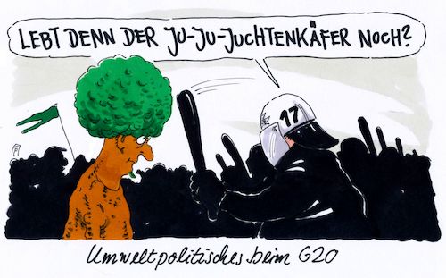 Cartoon: umweltpolitisches (medium) by Andreas Prüstel tagged zwanzig,hamburg,proteste,demonstranten,polizei,umweltpolitik,juchtenkäfer,cartoon,karikatur,andreas,pruestel,zwanzig,hamburg,proteste,demonstranten,polizei,umweltpolitik,juchtenkäfer,cartoon,karikatur,andreas,pruestel