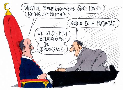 Cartoon: unbeleidigt beleidigt (medium) by Andreas Prüstel tagged erdogan,türkei,majestät,majestätsbeleidigung,jan,böhmermann,schmähgedicht,beleidigung,strafantrag,kunstfreiheit,cartoon,karikatur,andreas,pruestel,erdogan,türkei,majestät,majestätsbeleidigung,jan,böhmermann,schmähgedicht,beleidigung,strafantrag,kunstfreiheit,cartoon,karikatur,andreas,pruestel