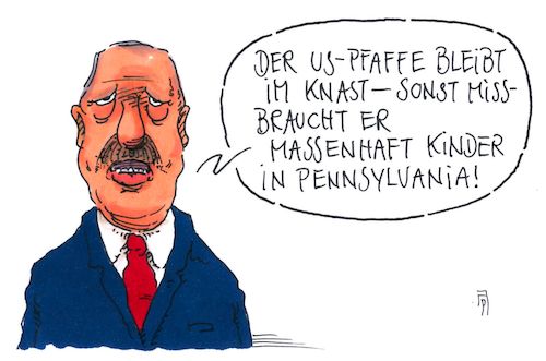 Cartoon: us-pfaffe (medium) by Andreas Prüstel tagged konflikt,usa,türkei,erdogan,pastor,brunson,kindesmissbrauch,pennsylvania,kirche,cartoon,karikatur,andreas,pruestel,konflikt,usa,türkei,erdogan,pastor,brunson,kindesmissbrauch,pennsylvania,kirche,cartoon,karikatur,andreas,pruestel