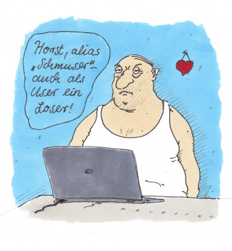 Cartoon: user (medium) by Andreas Prüstel tagged partnersuche,singlebörse,partnersuche,singlebörse,beziehung,partnerschaft,mann,frau,vermittlungsagentur,single,liebe,sehnsucht,partner,rechner,pc,computer,internet,kommunikation,technik,fortschritt,digitale medien,interaktivität,offline,online,vernetzt,world wide web,web,chatten,chatroom,chat,browsen,benutzer,anonymität,community,cybersex,digital,entwicklung,flatrate,identität,information,informationsgesellschaft,instant messaging,internetanonymität,internetsucht,kontakte,messenger,myspace,netzkultur,netzwerk,new economy,pornoseite,selbstdarstellung,soziales netzwerk,studivz,surfen,user,vernetzung,virtualität,web 20,webcam,world wide,www,surfer,laptop,camouflage,tarnung,loser,verlierer,username,nickname,nick,alias,benutzername,digitale,medien,world,wide,instant,messaging,new,economy,soziales,20