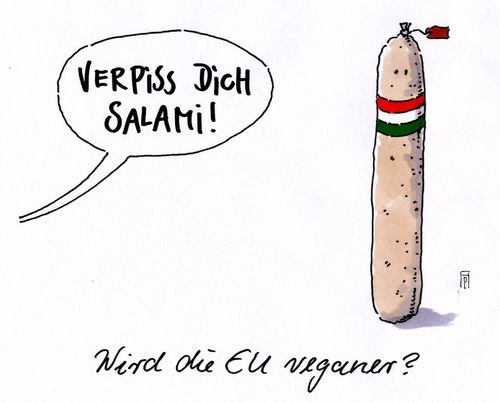 Cartoon: vegan-eu (medium) by Andreas Prüstel tagged europa,eu,ungatn,orban,nationalismus,bürgerrechte,rauswurf,jean,asselborn,außenminister,luxemburg,ungarische,salami,cartoon,karikatur,andreas,pruestel,europa,eu,ungatn,orban,nationalismus,bürgerrechte,rauswurf,jean,asselborn,außenminister,luxemburg,ungarische,salami,cartoon,karikatur,andreas,pruestel