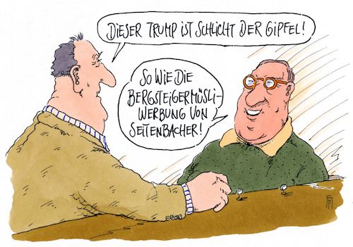 Cartoon: vergleich (medium) by Andreas Prüstel tagged usa,trump,antrittsrede,bergsteigermüsli,seitenbacher,werbung,vergleich,cartoon,karikatur,andreas,pruestel,usa,trump,antrittsrede,bergsteigermüsli,seitenbacher,werbung,vergleich,cartoon,karikatur,andreas,pruestel