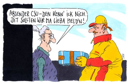 Cartoon: vooorsicht! (medium) by Andreas Prüstel tagged paketdienst,dhl,erpressung,bombendrohungen,brandenburg,berlin,bayern,csu,cartoon,karikatur,andreas,pruestel,paketdienst,dhl,erpressung,bombendrohungen,brandenburg,berlin,bayern,csu,cartoon,karikatur,andreas,pruestel