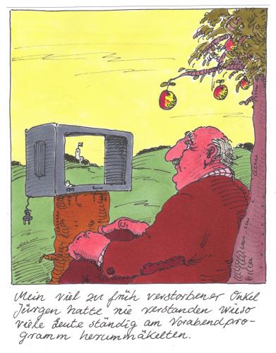 Cartoon: vorabendprogramm (medium) by Andreas Prüstel tagged tv,freizeit,lebenseinstellung,tv,fernsehen,programm,zuschauer,unterhaltung,feierabend,freizeit,medien,medienlandschaft,landschaft,lebenseinstellung,natur,onkel,idylle,harmonie,konsum,konsument,massenmedium,film,sendung