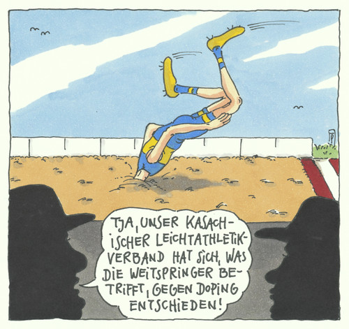 Cartoon: weitsprung (medium) by Andreas Prüstel tagged leichtathletik,weitsprung,kasachstan,doping,antidoping,leichtathletikverband,verbandsfunktionäre,leichtathletik,weitsprung,kasachstan,doping,antidoping,leichtathletikverband,verbandsfunktionäre