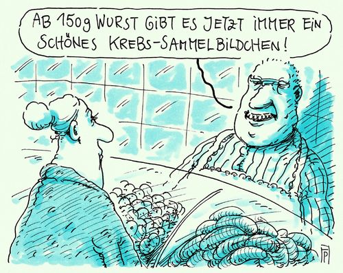 Cartoon: wurst und krebs (medium) by Andreas Prüstel tagged wurst,fleisch,krebs,krebserregend,darmkrebs,metzger,fleischer,metzgerei,sammelbildchen,cartoon,karikatur,andreas,pruestel,wurst,fleisch,krebs,krebserregend,darmkrebs,metzger,fleischer,metzgerei,sammelbildchen,cartoon,karikatur,andreas,pruestel