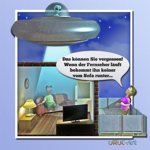Cartoon: UFO-Entführungsversuch (medium) by uruc-art tagged ufo,alien,außerirdischer,lustig,neu,blöd,nacht,frau,mann,tv,programm,sofa