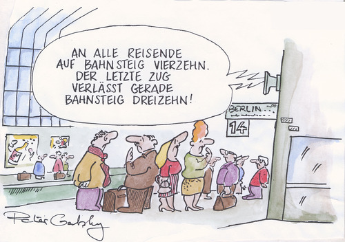 Cartoon: unzuverlässige DB (medium) by Peter Gatsby tagged deutsche,bundesbahn,deutsche,bundesbahn,db,verkehr,bahnsteig
