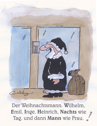 Cartoon: WEIHNACHTSMANN (medium) by Peter Gatsby tagged weihnachtsmann,weihnachtsmann,weihnachten,klingeln,besuch,buchstabieren