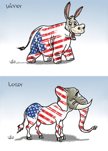 Cartoon: us presidential elections (medium) by handren khoshnaw tagged handren,khoshnaw,usa,presidential,elections,elephant,donkey,winner,loser