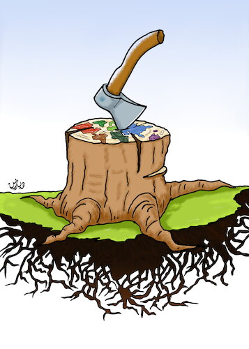 Cartoon: What do you call this axe? (medium) by handren khoshnaw tagged handren,khoshnaw,axe,tree,roots,world,destruction
