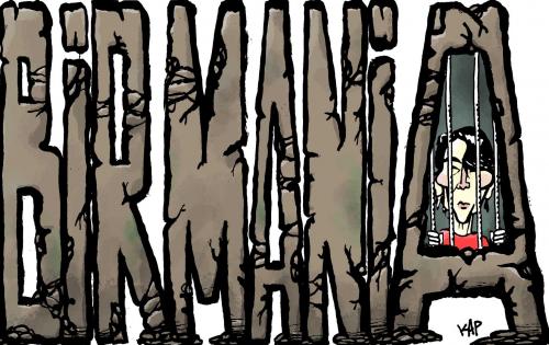 Cartoon: Birmania.Burma.Union of Myanmar (medium) by kap tagged suu,kyi,burma,birmania,myanmar,democracy,dictatorship,prision,freedom,burma,demokratie,diktatur,system,regierung,freizeit,gefangenschaft,birmania,myanmar