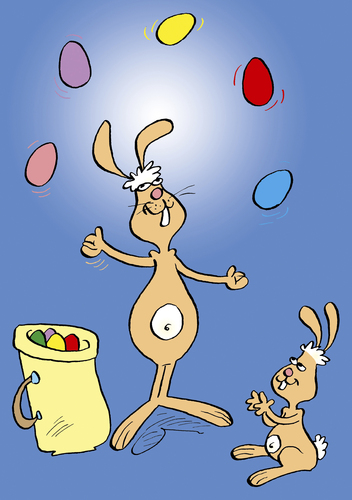 Cartoon: Osterhase (medium) by astaltoons tagged ostern,osterhase,eier,jonglieren,sack,kleiner,hase,hasenkind