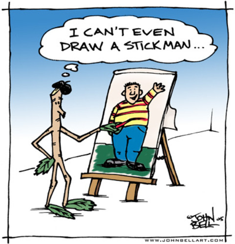 Cartoon: Stick Man (medium) by JohnBellArt tagged stick,man,draw,canvas,art,artist,beret,leaves,paint