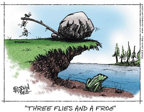 Cartoon: Three Flies and a Frog (medium) by JohnBellArt tagged flies,frog,rock,conspiracy