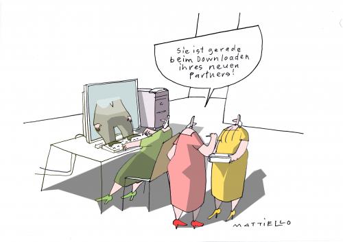 Cartoon: Download (medium) by Mattiello tagged frauen,männer,computer,beziehung,computer,technik,entwicklung,fortschritt,rechner,pc,download,internet,www,web,online,daten,datei,runterladen