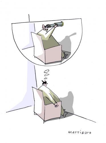Cartoon: Sichtweise 1 (medium) by Mattiello tagged aussicht,sichtweise,mann,zukunft,aussichtslosigkeit,krise,sichtweise,sicht,fernrohr,fernglas,beobachten,aussicht,wand,mann,zukunft,aussichtslosigkeit,krise,lebenskrise,leben,depression,blind