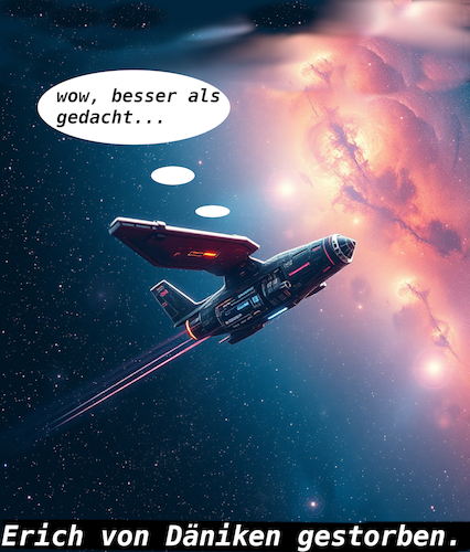 Cartoon: die letzte reise (medium) by ab tagged mensch,alien,raumschiff,sf,erich,von,däniken,ausserirdische,ufo,pyramiden,tod