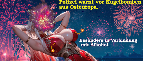 Cartoon: explosiv (medium) by ab tagged deutschland,sylvester,feuerwerk,kracher,böller,explosion,männer,illegal,polen,tschechien,osteuropa,geld,frau,brust