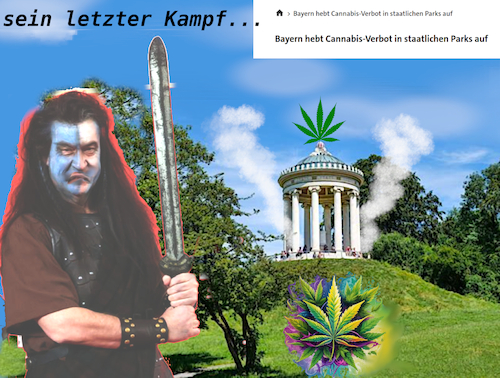 Cartoon: highlanders ende (medium) by ab tagged bayern,söder,cannabis,gesetz,kiffen,englischer,garten,münchen,legal,drogen,kampf,verbot,high,csu