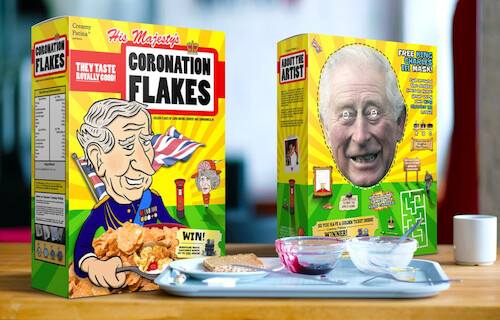 Cartoon: how to start your royal weekend (medium) by ab tagged uk,england,king,könig,charles,krönung,camilla,cornflakes,breakfast,frühstück,wochenende