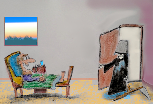 Cartoon: last joke (medium) by ab tagged death,tod,ende,alter,witz,joke,wasser,kübel,sense,water,fun