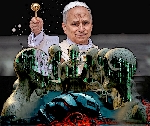 Cartoon: pope leo fighting ai (medium) by ab tagged papst,pope,leo,xiv,ki,ai,künstliche,enzyklika,rom,vatikan,schrift,buch,computer,matrix,digital,leben,mensch,glaube,religion,kampf
