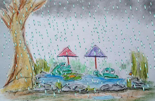 Cartoon: rainy day (medium) by ab tagged rain,regen,clouds,wolken,wasser,water,teich,frosch,frogs