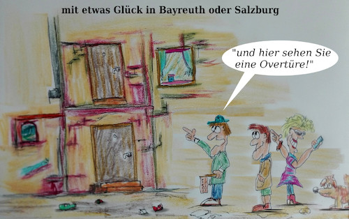 Cartoon: sehen statt hören (medium) by ab tagged bayreuth,salzburg,stadt,mauer,tür,oper,klassik,musik,kunst,komponieren,noten