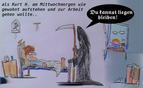 Cartoon: überraschung (medium) by ab tagged morgen,tagesanbruch,sonnenaufgang,schlaf,bett,mensch,arbeit,ende,tod