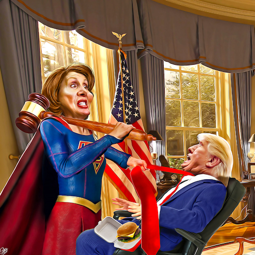 Cartoon: Checks and balances (medium) by Bart van Leeuwen tagged blue,wave,nanci,pelosi,trump,midterms,democrats,checks,balances